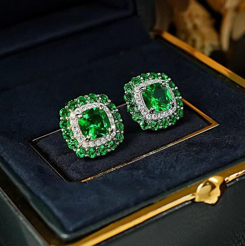 Vintage Style Silver Plated Earrings Emerald Diamonds Square Design