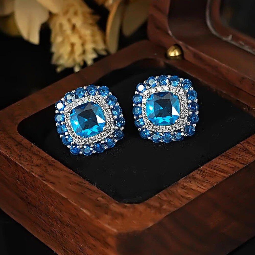 Vintage-Stil Versilberte Ohrringe Saphir Diamanten Quadratisches Design