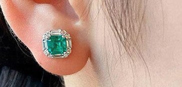 Vintage Style Silver Plated Earrings Diamonds Emerald Square Design
