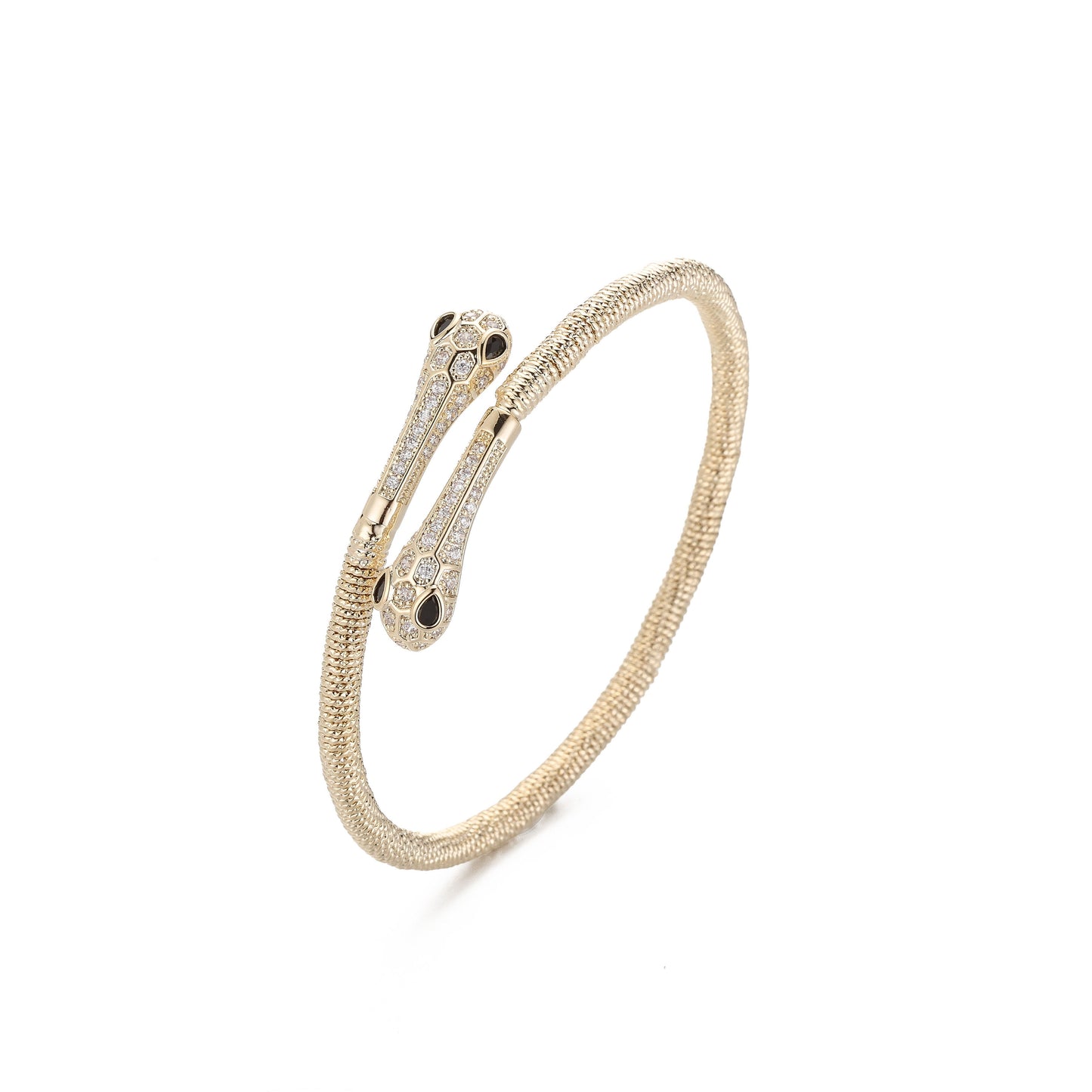 Gold snake-shaped bracelet with black accents on a white background