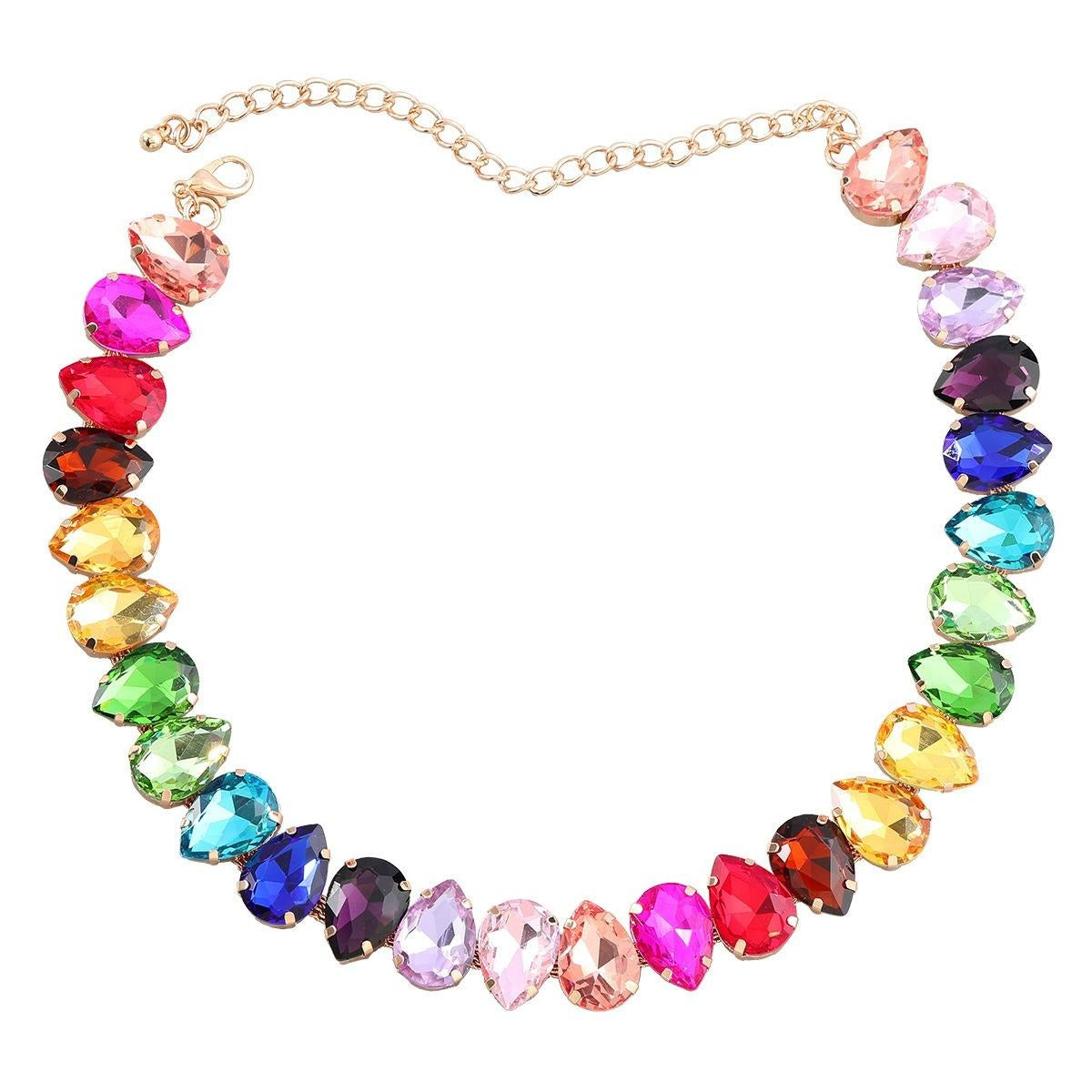 A gold chain necklace adorned with a series of colorful, teardrop-shaped faceted rhinestones in a rainbow sequence, set against a plain white background.