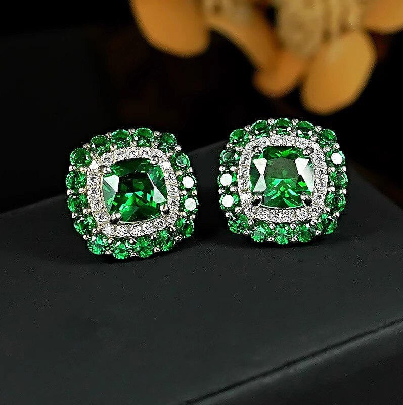 Vintage Style Silver Plated Earrings Emerald Diamonds Square Design