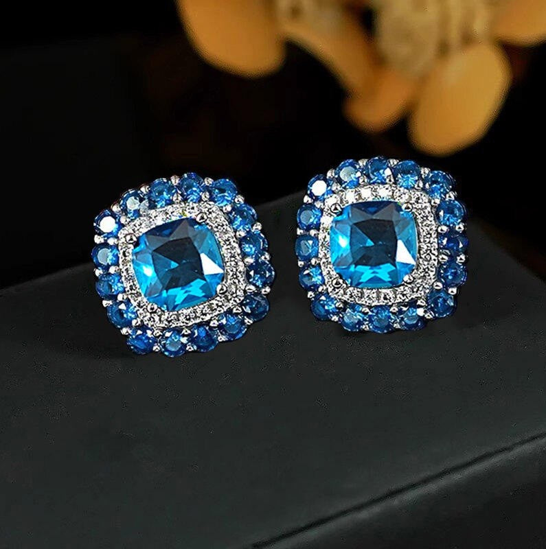 Vintage Style Silver Plated Earrings Sapphire Diamonds Square Design