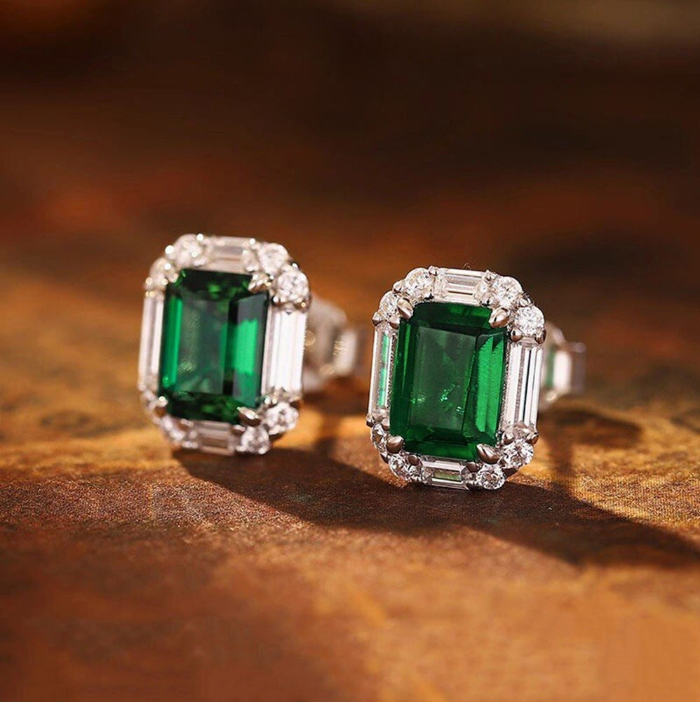 Vintage Style Silver Plated Earrings Emerald Diamonds Art Deco