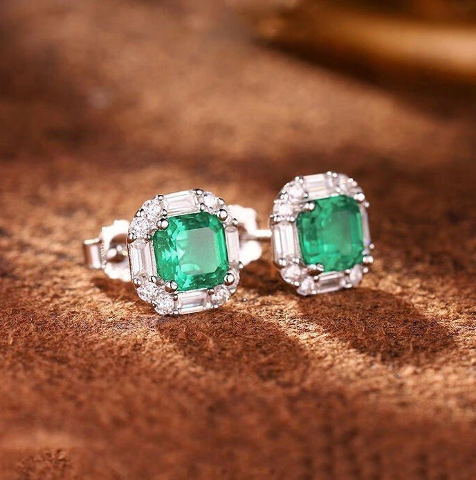 Vintage Style Silver Plated Earrings Diamonds Emerald Square Design