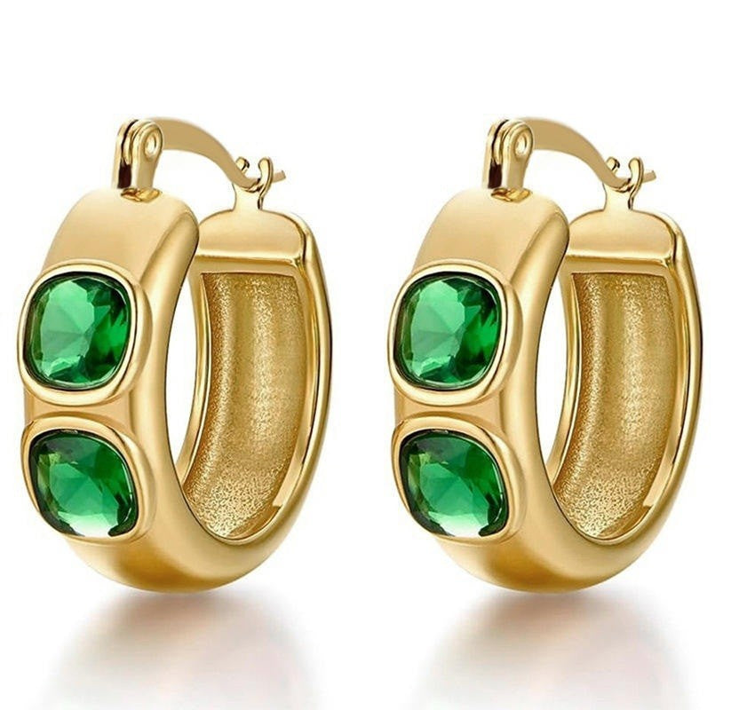 Vintage Style 18 ct Gold Plated Hoop Earrings Emerald
