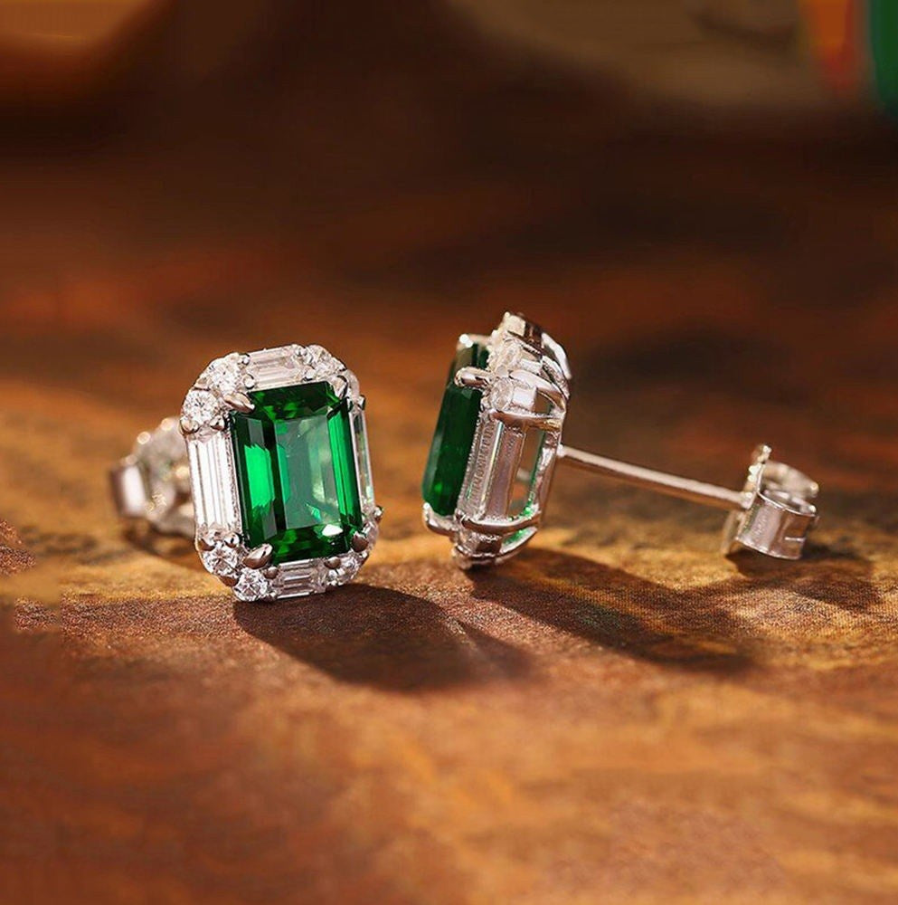Vintage Style Silver Plated Earrings Emerald Diamonds Art Deco
