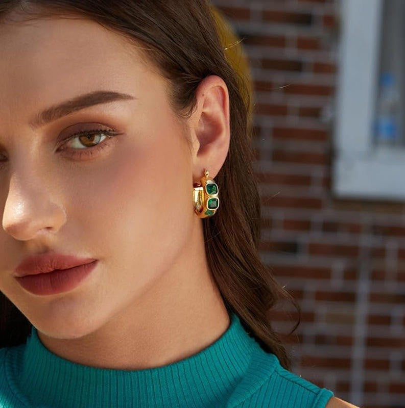 Vintage Style 18 ct Gold Plated Hoop Earrings Emerald