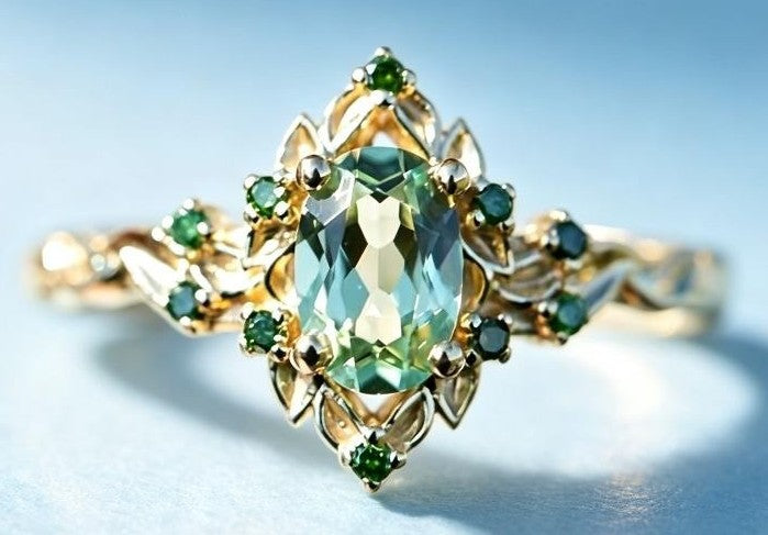 A gold ring featuring a large oval-cut light green gemstone in a floral setting, accented with multiple small round green gemstones, photographed against a soft light blue background.