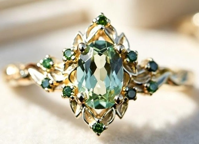 A gold ring featuring a large oval-cut light green gemstone in a floral cluster setting, accented with multiple small round green gemstones, shown on a soft beige background.