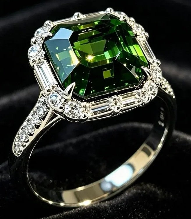A silver-toned ring featuring a large, cushion-cut green gemstone surrounded by a halo of small clear stones, with a diamond-like baguette accent on the band, set against a black velvet background.