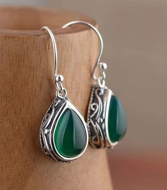 Vintage Style Silver Plated Earrings Emerald Droplets
