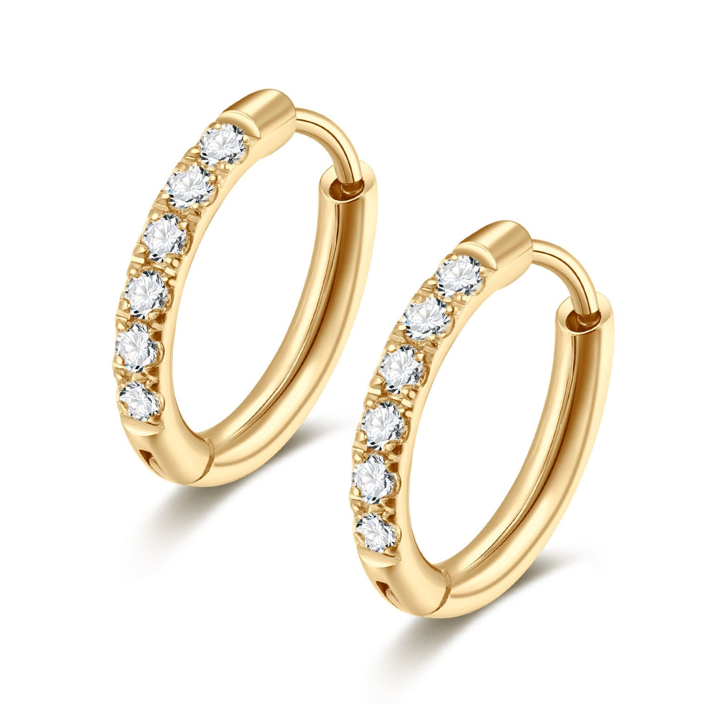 Gold hoop earrings with embedded diamonds on a white background