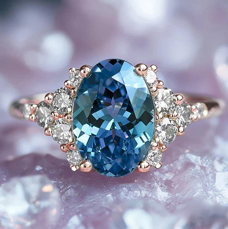 An oval-cut blue sapphire ring set in rose gold with small clear accent stones, resting on a textured pinkish crystal surface.
