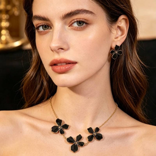 18 ct Gold Plated Necklace Set Black Sapphire Flower Design