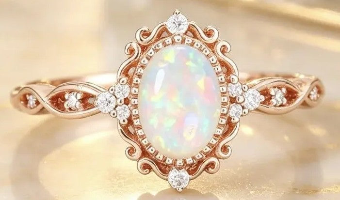 An ornate rose gold ring featuring a large oval white opal center stone surrounded by small clear accent stones, set against a soft, warm gold background.