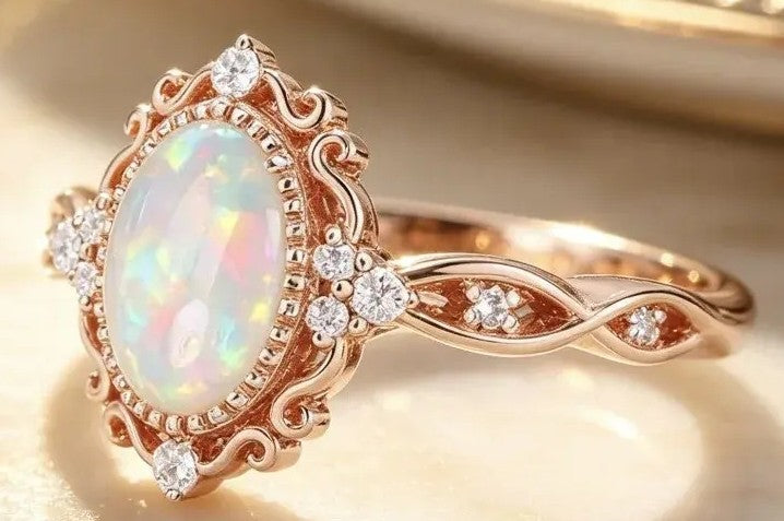 An ornate rose gold ring featuring a large oval iridescent opal center stone surrounded by small clear accent stones, set on a warm cream background.