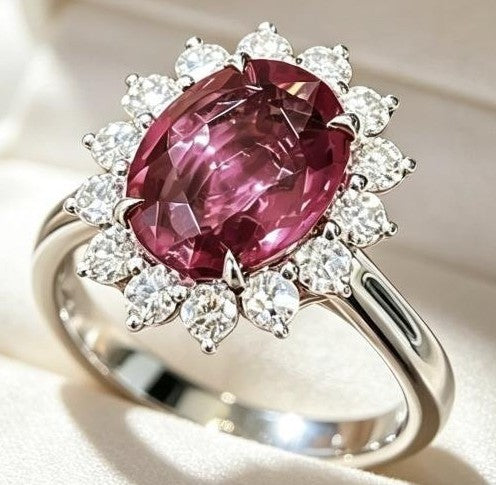 A silver ring featuring a large oval pinkish-red center stone surrounded by a halo of small clear stones, shown close up on a light cream background.