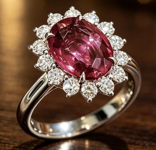 A close-up shot of a silver ring featuring a large oval-cut pinkish-red center stone surrounded by a halo of small clear stones, resting on a dark wooden surface.