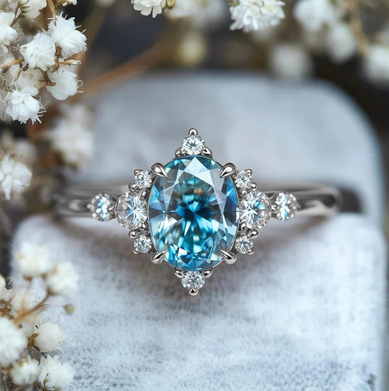A silver ring featuring an oval-cut light blue gemstone surrounded by small clear accent stones, displayed on a soft white surface with delicate white flowers in the background.