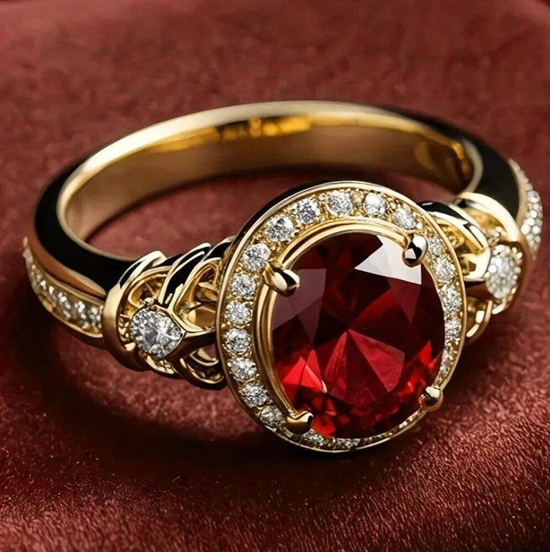 Gold ring with a red gemstone and diamonds on a red background