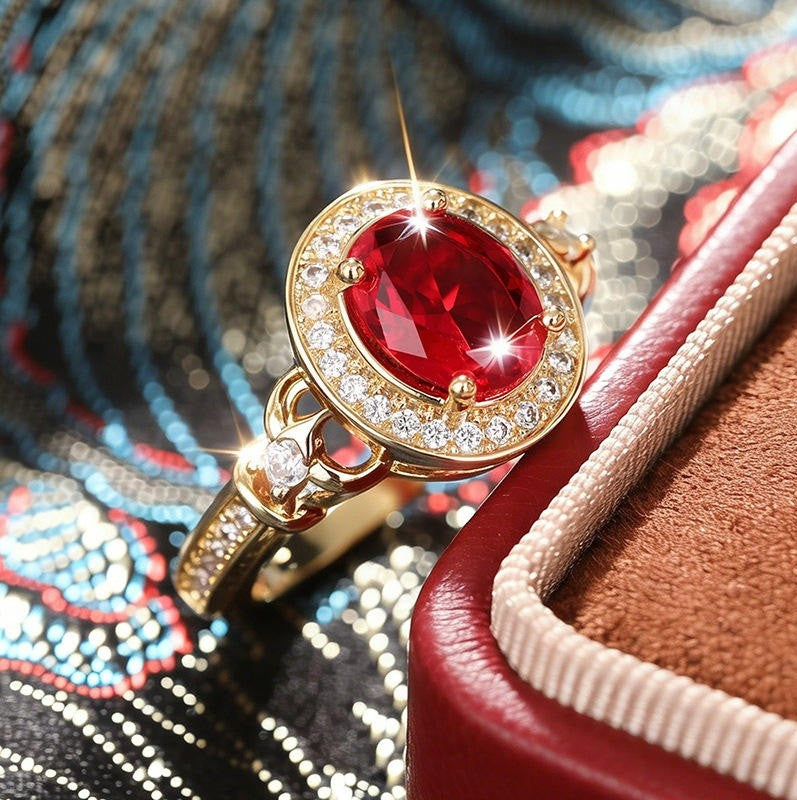 A gold ring featuring a large oval-cut red gemstone surrounded by a halo of small clear stones, displayed next to a red jewelry box on a patterned fabric background.
