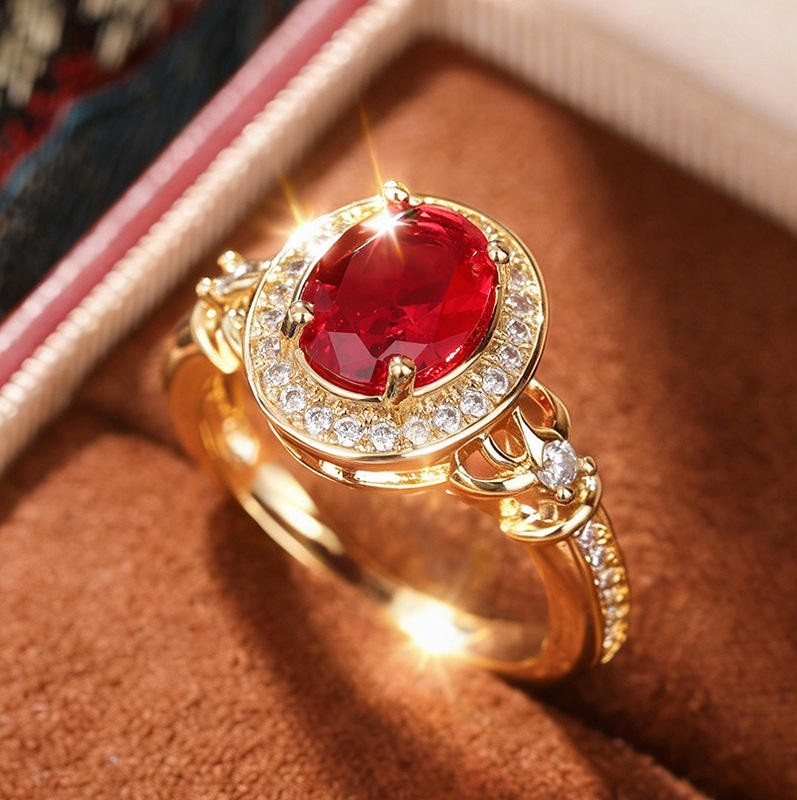 A gold ring with a large oval red gemstone and a halo of small clear stones, displayed on a brown velvet ring box.