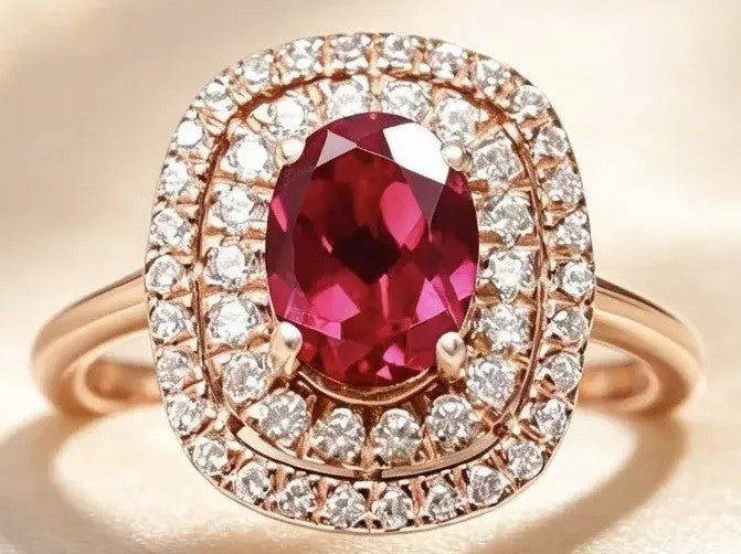 Rose gold ring featuring a large oval-cut deep pinkish-red center stone surrounded by a double halo of small clear stones, set against a soft beige background.