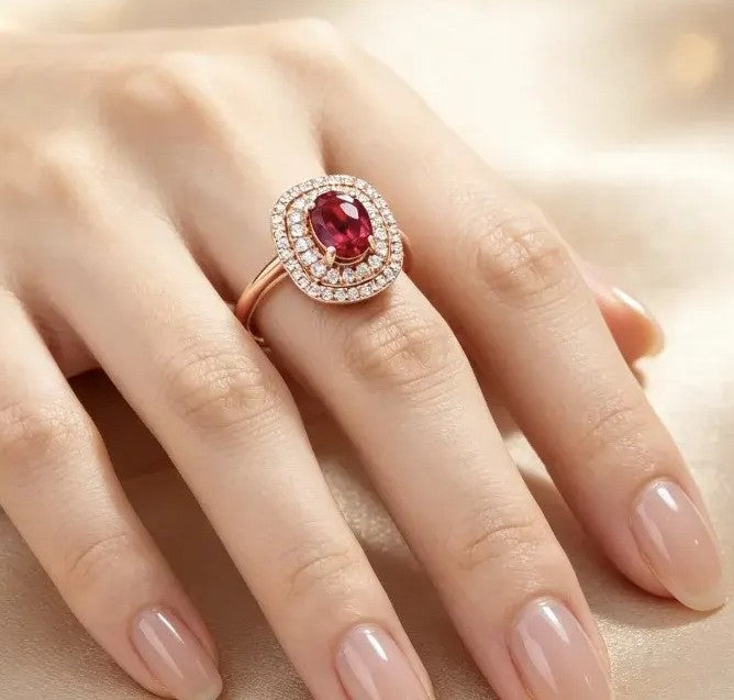 A close-up of a hand wearing a rose gold halo ring with a central oval red gemstone and small clear accent stones, set against a soft beige background.