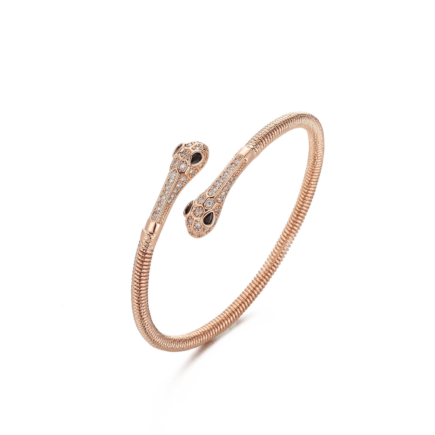 Rose gold snake-shaped bracelet with black accents on a white background