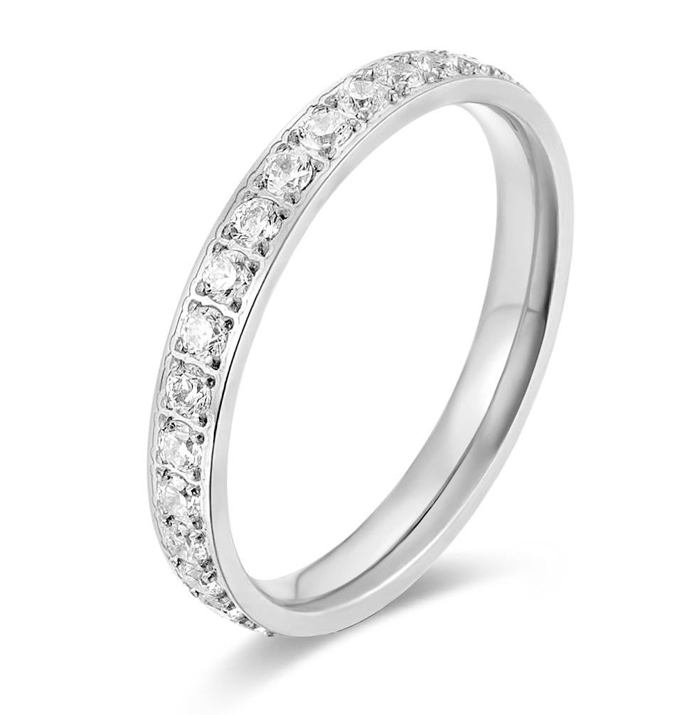 Silver ring with small diamonds on a white background