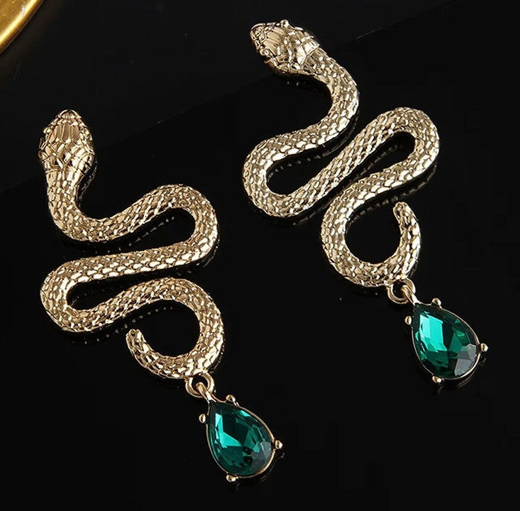 Gold and green snake design earrings